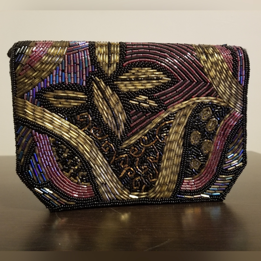 VINTAGE BEADED CLUTCH PROM WEDDING COCKTAIL BLACK TIE EVENING BAG 80S PREPPY VTG - Picture 3 of 9